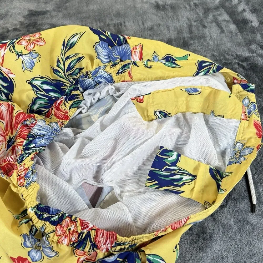 Polo Ralph Lauren Sz 4XL Tall Floral Hibiscus Yellow Hawaiian Swim Trunks Pocket